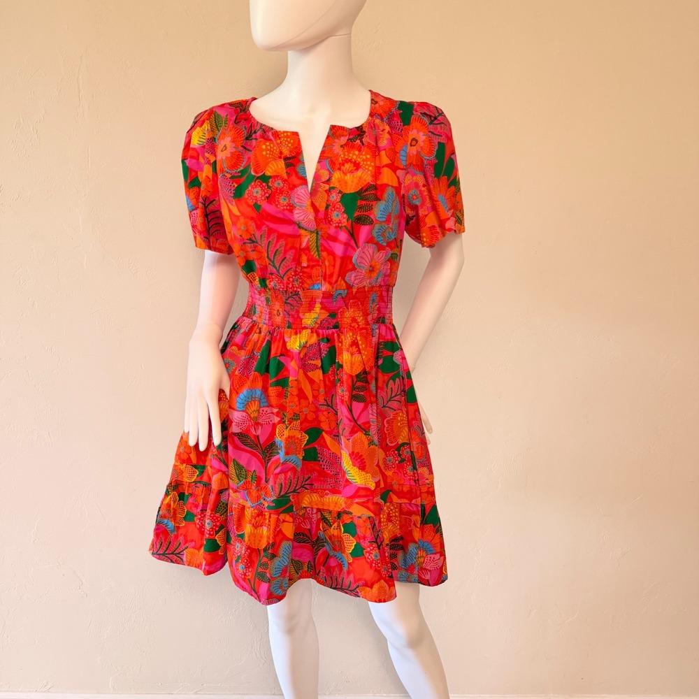 Etiquette Women's Floral Mini‎ Dress Red Orange Tropical Smocked Waist Size S